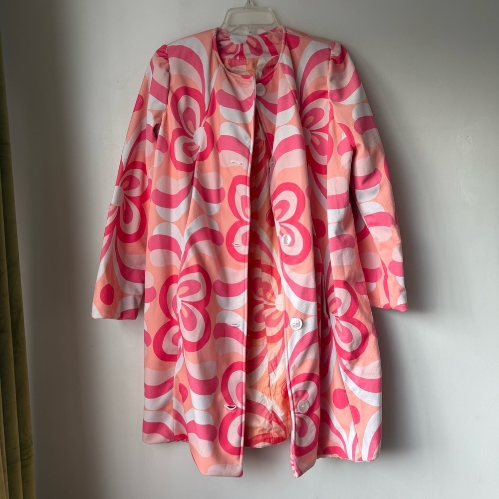 Pink & White Mod Abstract Floral Print Velvet Coat S